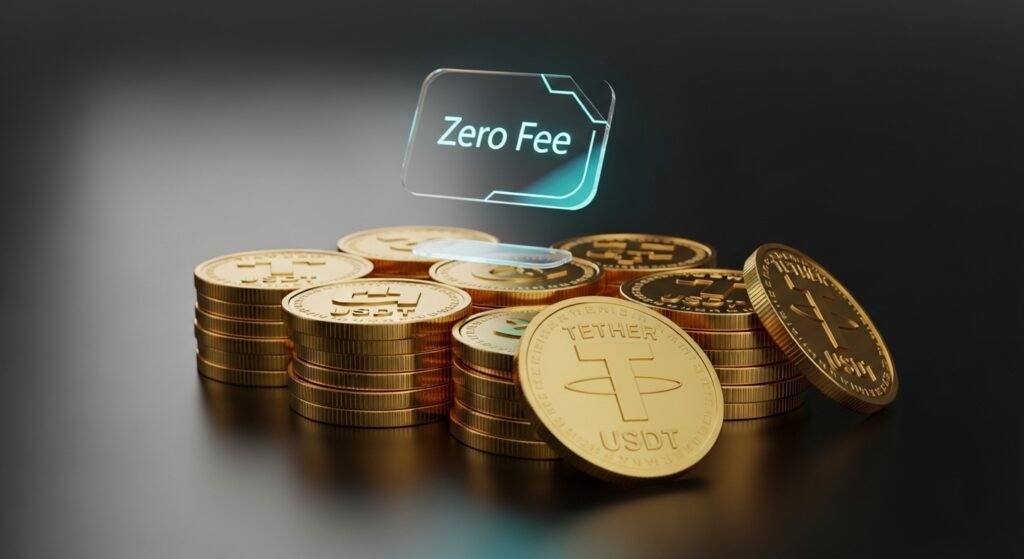 테더 코인과 수수료 0원을 상징하는 제로 수수료 배지 아이콘